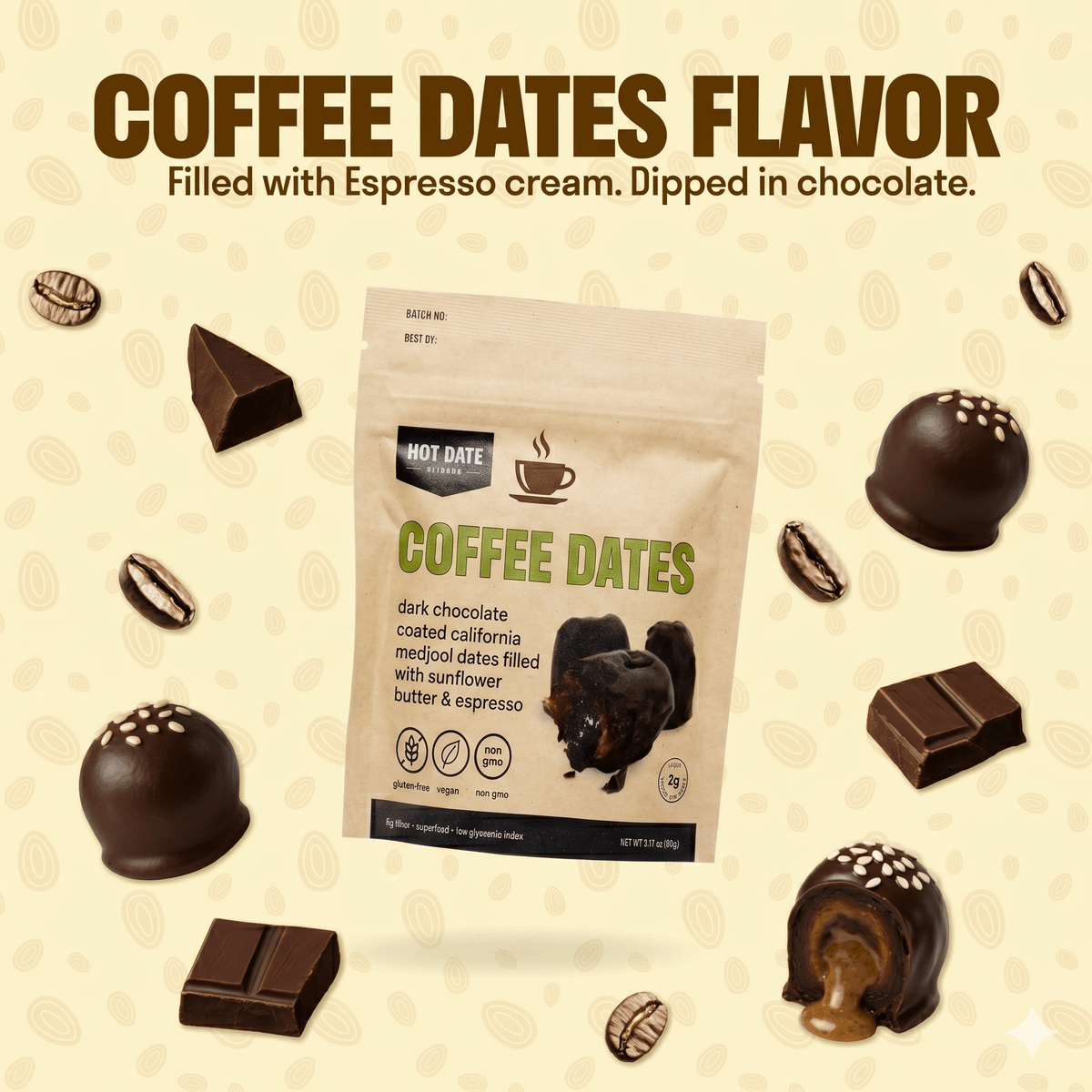 Chocolate Covered California Medjool Date: filled with sunflower butter + Organic espresso
