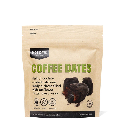 Chocolate Covered California Medjool Date: filled with sunflower butter + Organic espresso