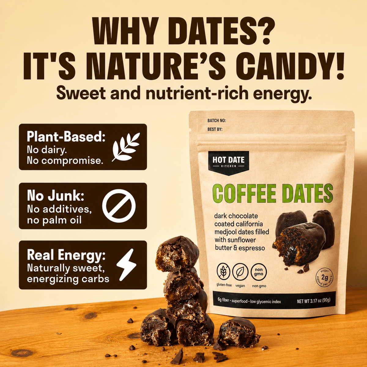 Chocolate Covered California Medjool Date: filled with sunflower butter + Organic espresso